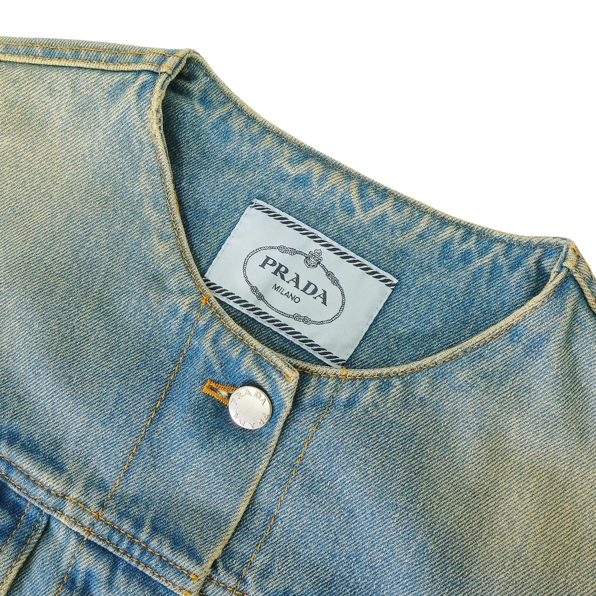 PRADA Denim jacket No collar Triangle logo Blue Cotton #L Silver HW GEB229[EXCELLENT][Authentic]