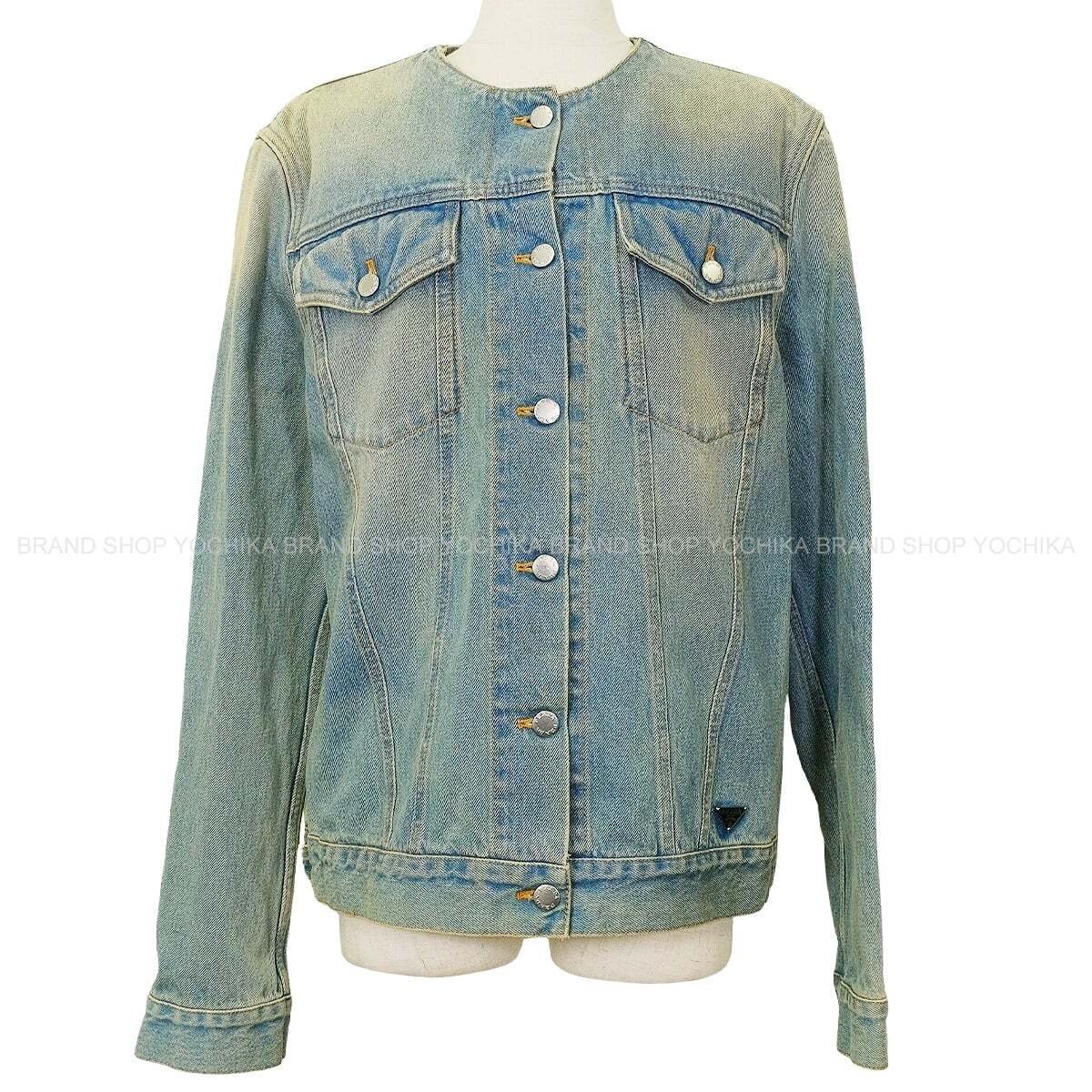 PRADA Denim jacket No collar Triangle logo Blue Cotton #L Silver HW GEB229[EXCELLENT][Authentic]