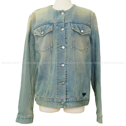PRADA Denim jacket No collar Triangle logo Blue Cotton #L Silver HW GEB229[EXCELLENT][Authentic]