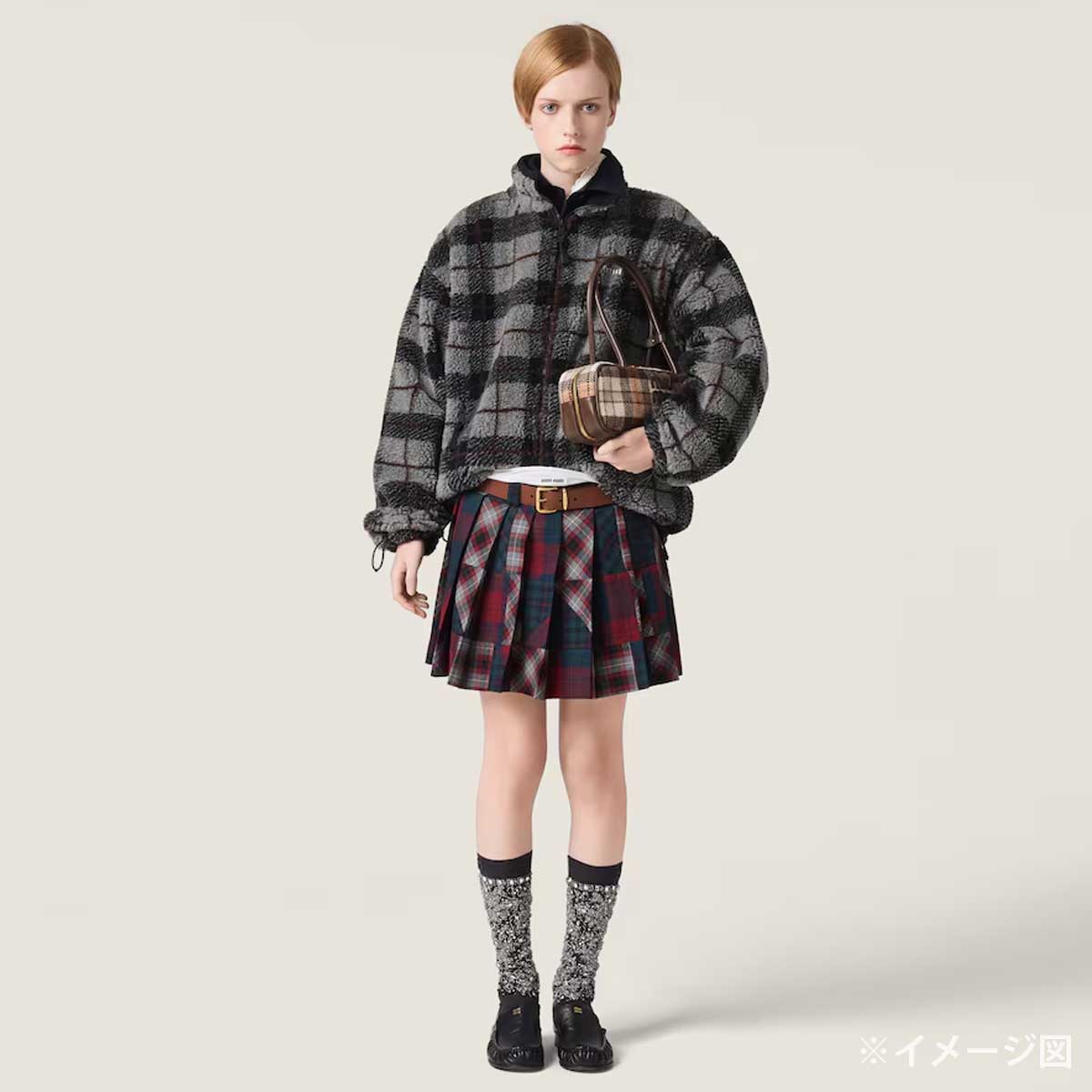 Miu Miu Tops Zip-Up Teddy Jacket in Check Grey/Noir (Black) Polyester/Wool #XL MJL042[EXCELLENT][Authentic]