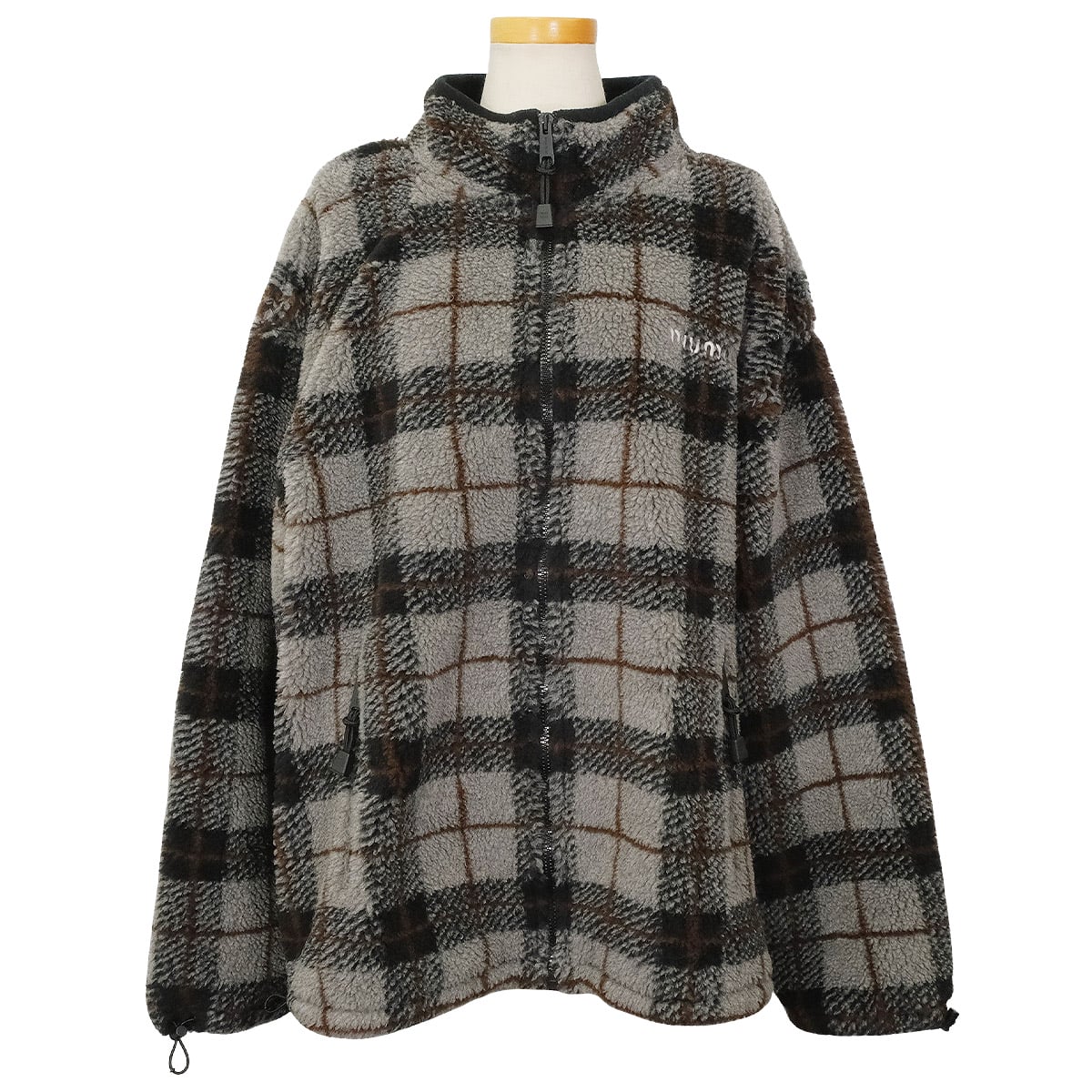 Miu Miu Tops Zip-Up Teddy Jacket in Check Grey/Noir (Black) Polyester/Wool #XL MJL042[EXCELLENT][Authentic]