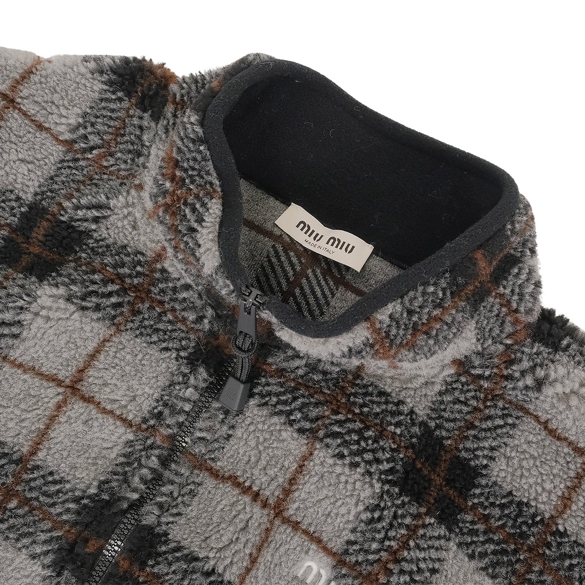 Miu Miu Tops Zip-Up Teddy Jacket in Check Grey/Noir (Black) Polyester/Wool #XL MJL042[EXCELLENT][Authentic]