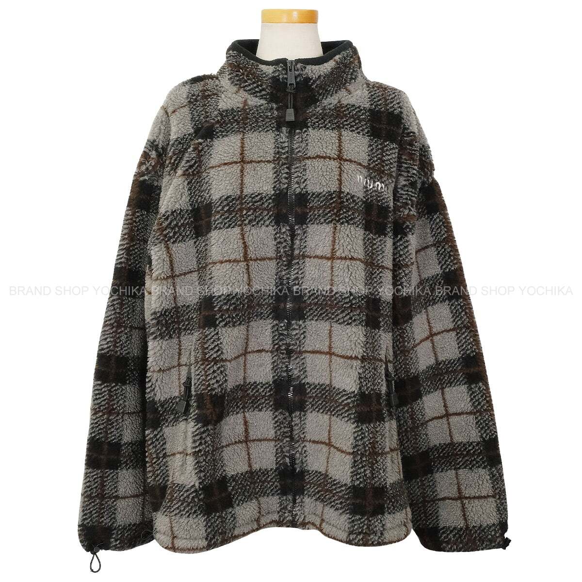 Miu Miu Tops Zip-Up Teddy Jacket in Check Grey/Noir (Black) Polyester/Wool #XL MJL042[EXCELLENT][Authentic]