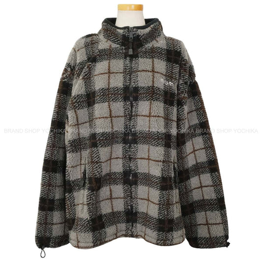 Miu Miu Tops Zip-Up Teddy Jacket in Check Grey/Noir (Black) Polyester/Wool #XL MJL042[EXCELLENT][Authentic]