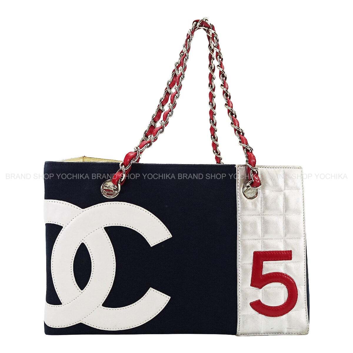[Pre-loved] CHANEL tote bag No.5 Navy/Silver/Red Canvas/Lambskin Silver HW A18644[USED AB][Authentic]