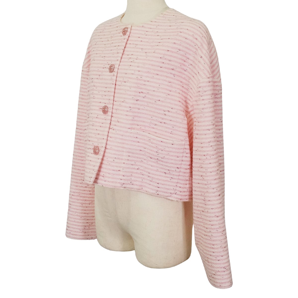 2024 Cruise CHANEL Plainly colored jacket COCO Button Tweed Stripe Pink/Blanc (White) #42 P76335[EXCELLENT][Authentic]
