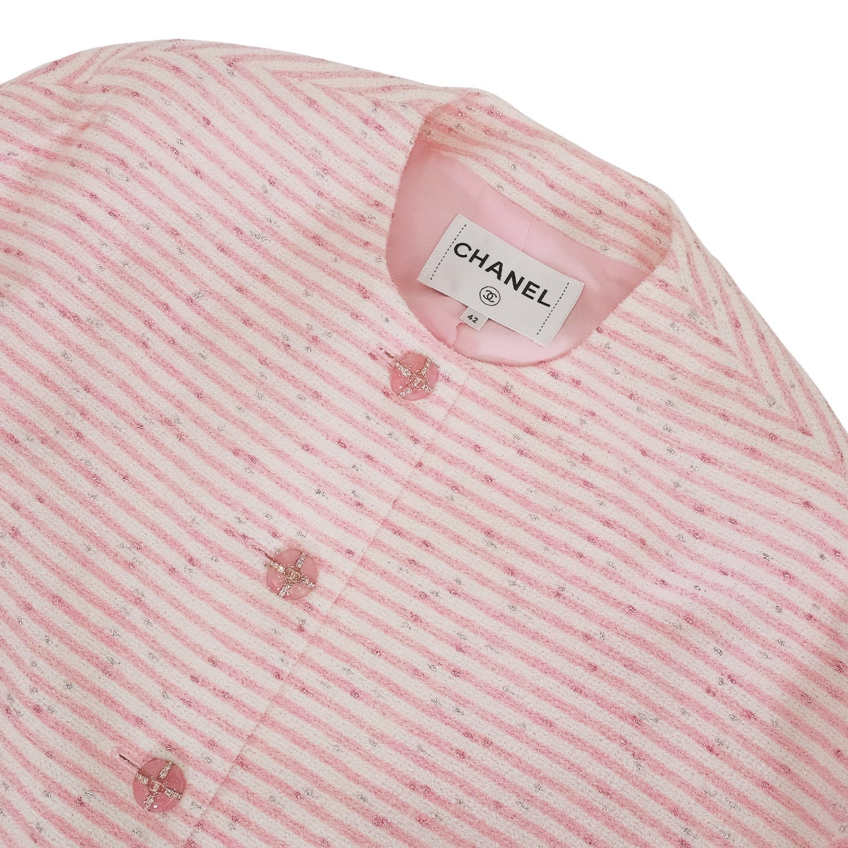2024 Cruise CHANEL Plainly colored jacket COCO Button Tweed Stripe Pink/Blanc (White) #42 P76335[EXCELLENT][Authentic]