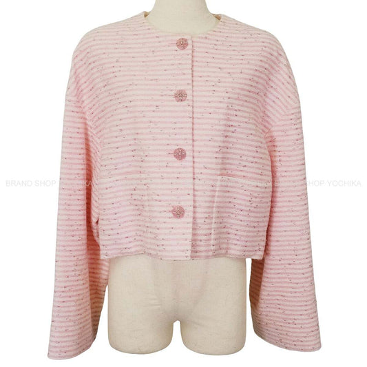 2024 Cruise CHANEL Plainly colored jacket COCO Button Tweed Stripe Pink/Blanc (White) #42 P76335[EXCELLENT][Authentic]
