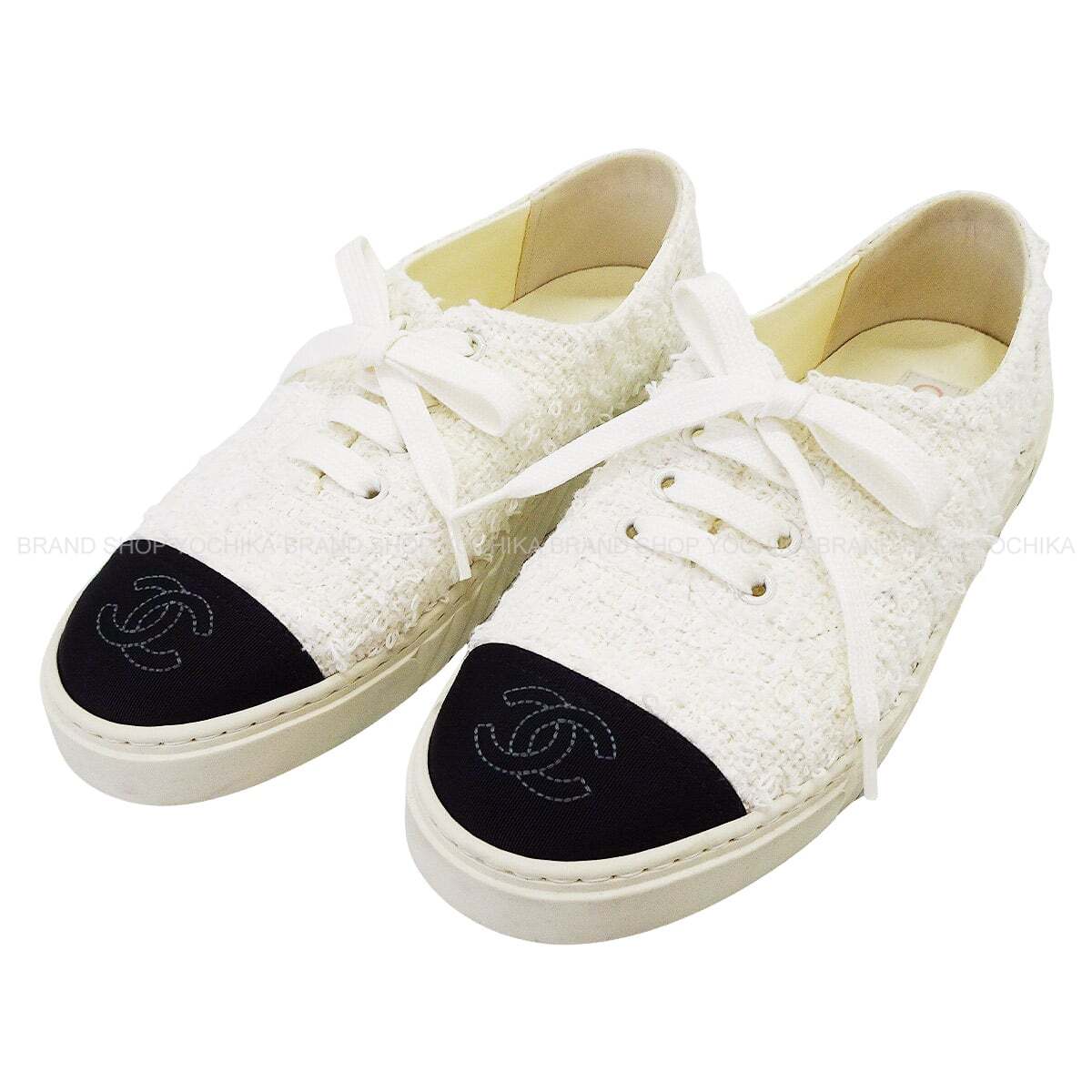 [Pre-loved] 2023 SS CHANEL sneakers COCO mark bicolor Blanc (White)/Noir (Black) Tweedcanvas #37 Silver HW G39866[LIKE NEW][Authentic]