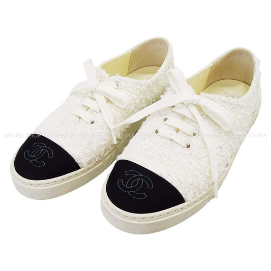 [Pre-loved] 2023 SS CHANEL sneakers COCO mark bicolor Blanc (White)/Noir (Black) Tweedcanvas #37 Silver HW G39866[LIKE NEW][Authentic]