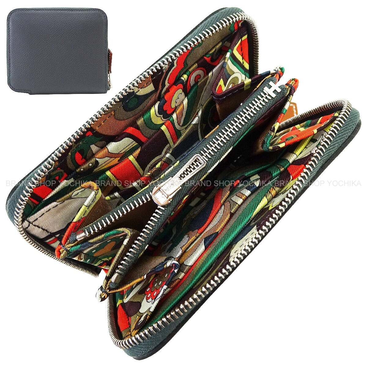 HERMES Bi-fold wallet Azap Silk'in Compact Faubourg Rainbow Gris Misty/Beige Marfa/Prunoir Evercolor/Veau Barenia/Silk Silver HW Stamp W[EXCELLENT][Authentic]