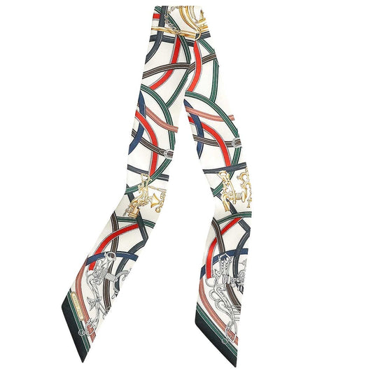 2026 SS HERMES scarf Twilly Legendary Harness Blanc (White)/Vert Loden/Red Silk100%[BRAND NEW][Authentic]