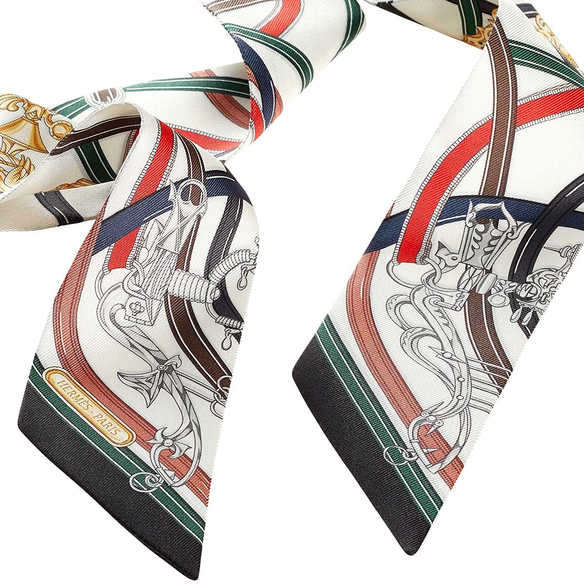 2026SS HERMES scarf Twilly Legendary Harness Blanc (White)/Vert Loden/Red Silk100%[BRAND NEW][Authentic]