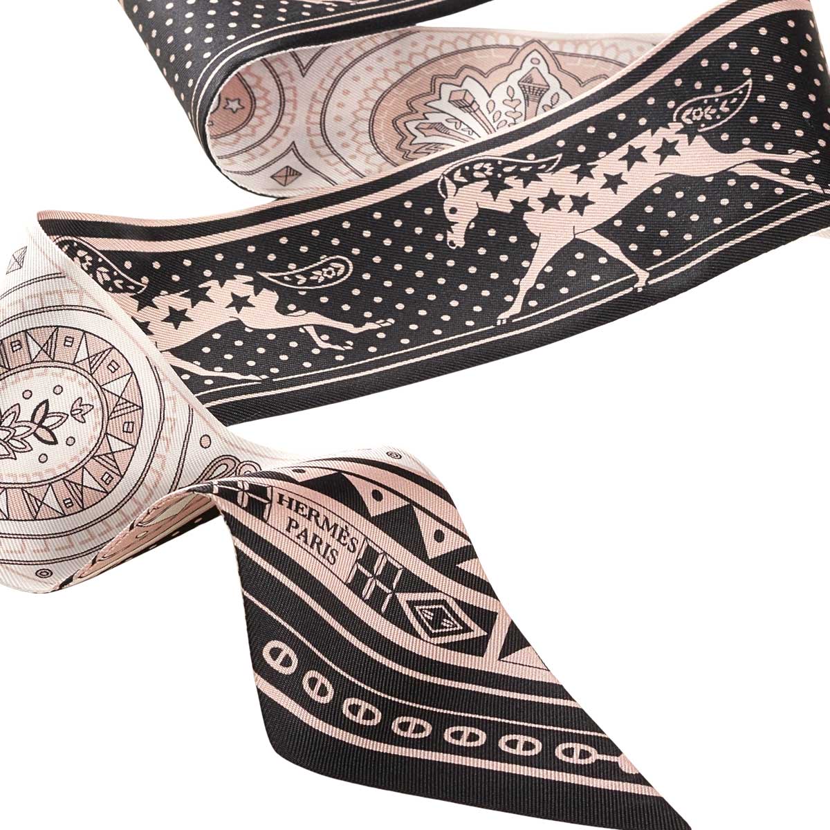 2026SS HERMES scarf Twilly CHEVAL de COEUR Bandana Noir (Black)/Blanc (White)/Vieux rose Silk100%[BRAND NEW][Authentic]