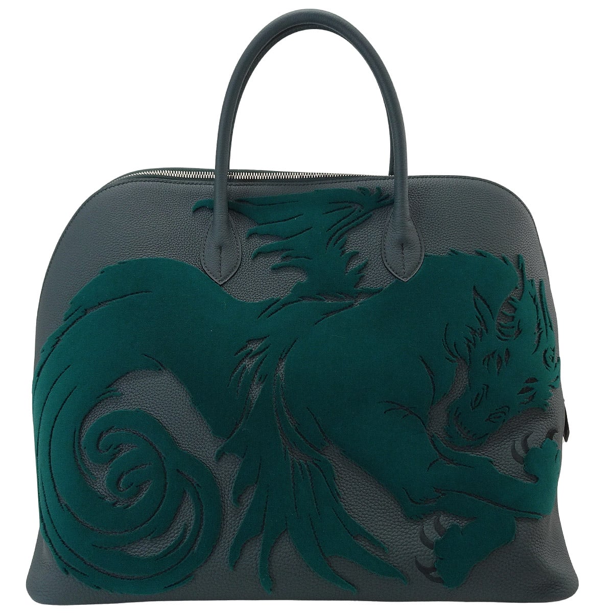 HERMES Handbag Bolide1923 45 Chimeres Dragon Vert Cypress Veau Togo/Velvet Silver HW Stamp D[EXCELLENT][Authentic]