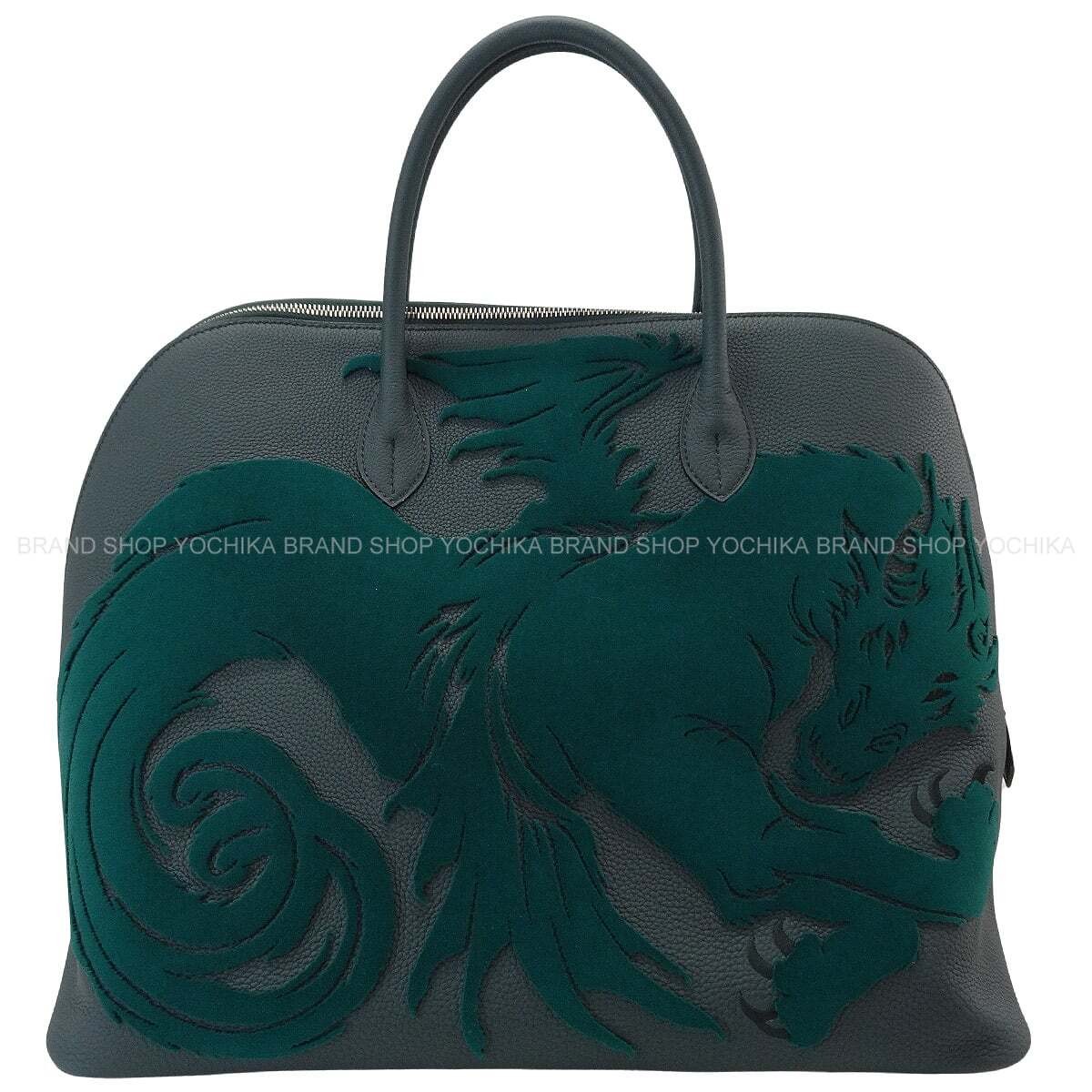 HERMES Handbag Bolide1923 45 Chimeres Dragon Vert Cypress Veau Togo/Velvet Silver HW Stamp D[EXCELLENT][Authentic]