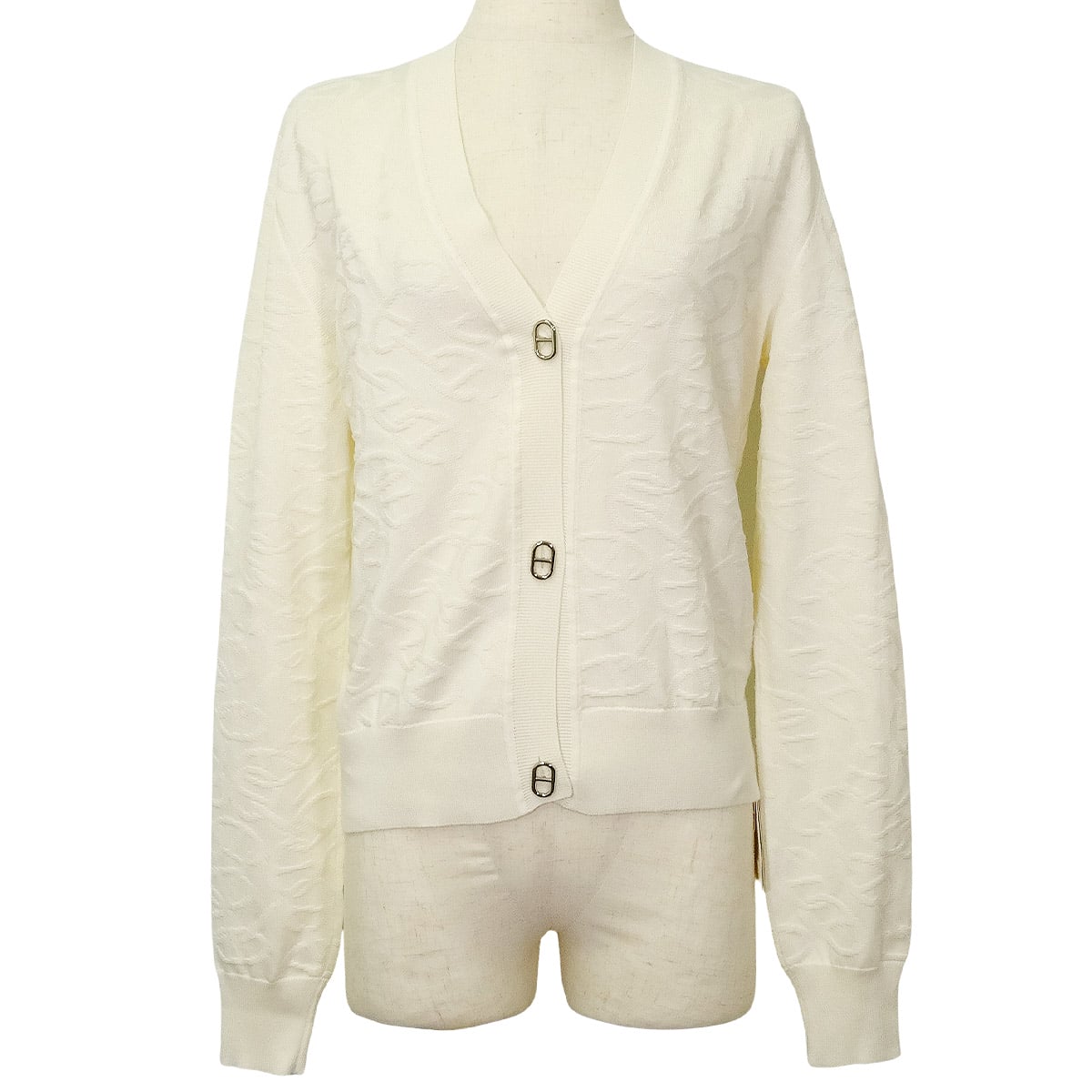 2024SS HERMES Cardigan Knit Chaine D'ancre All-over pattern Blanc (White) Silk/Cotton #36 Silver HW[EXCELLENT][Authentic]