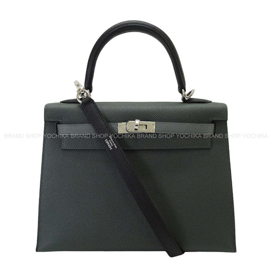 HERMES Shoulder bag Kelly25 Sellier Tricolor Vert Mangrove/Vert Amande/Noir (Black) Veau Epsom Silver HW Stamp K[BRAND NEW][Authentic]