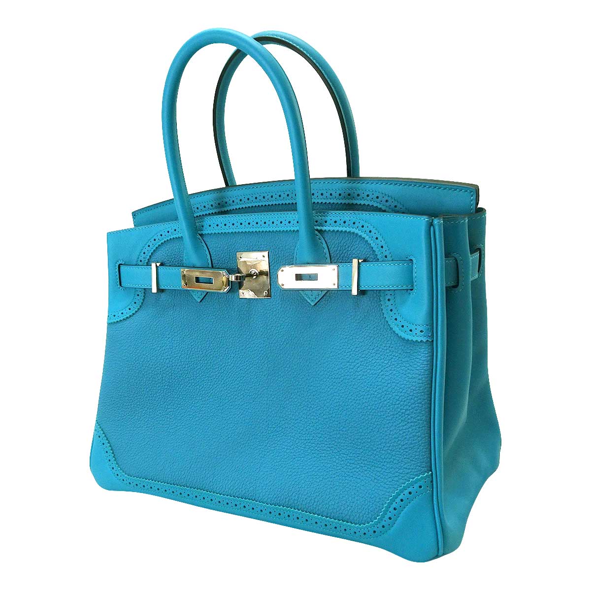 HERMES Handbag Birkin30 Ghillies Turquoise Veau Togo/Veau Swift Silver HW Stamp X[EXCELLENT][Authentic]