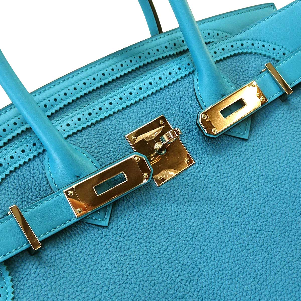 HERMES Handbag Birkin30 Ghillies Turquoise Veau Togo/Veau Swift Silver HW Stamp X[EXCELLENT][Authentic]