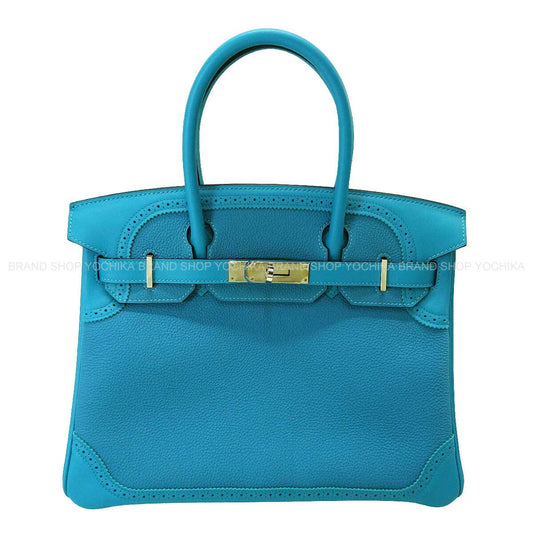 HERMES Handbag Birkin30 Ghillies Turquoise Veau Togo/Veau Swift Silver HW Stamp X[EXCELLENT][Authentic]