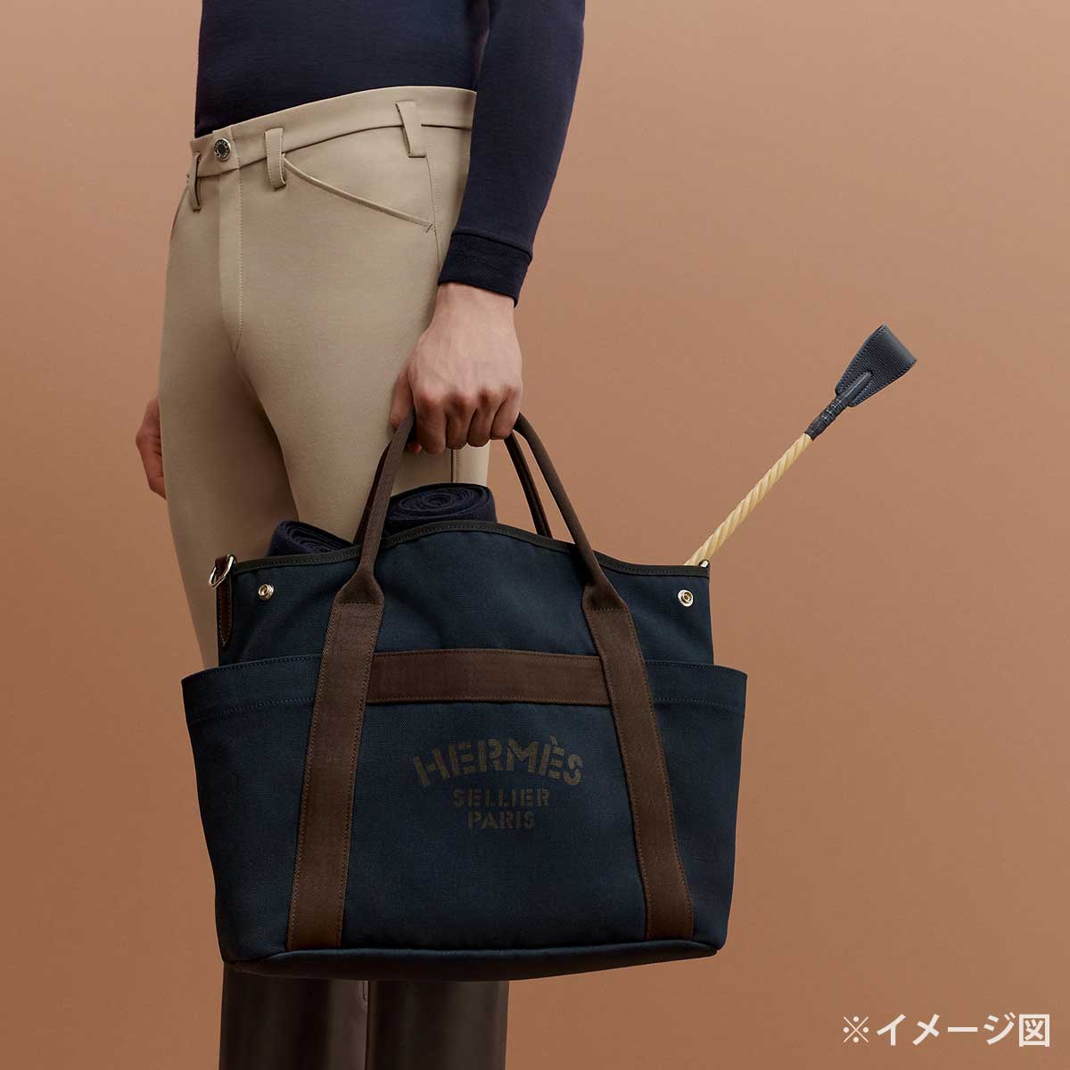 HERMES Shoulder bag Sac de pansage GroomBlue Navy/Feu Orange Toile Chevrons/Veau Barenia Silver HW Stamp D[EXCELLENT][Authentic]