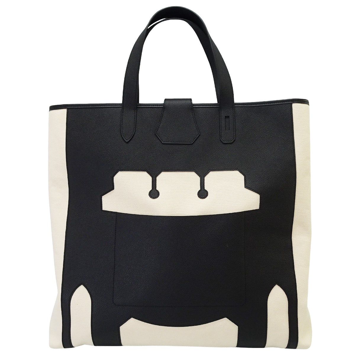HERMES tote bag Petit h Sac De Coupe Monsieur B Ecru/Noir (Black) Toile H/Veau Epsom[EXCELLENT][Authentic]