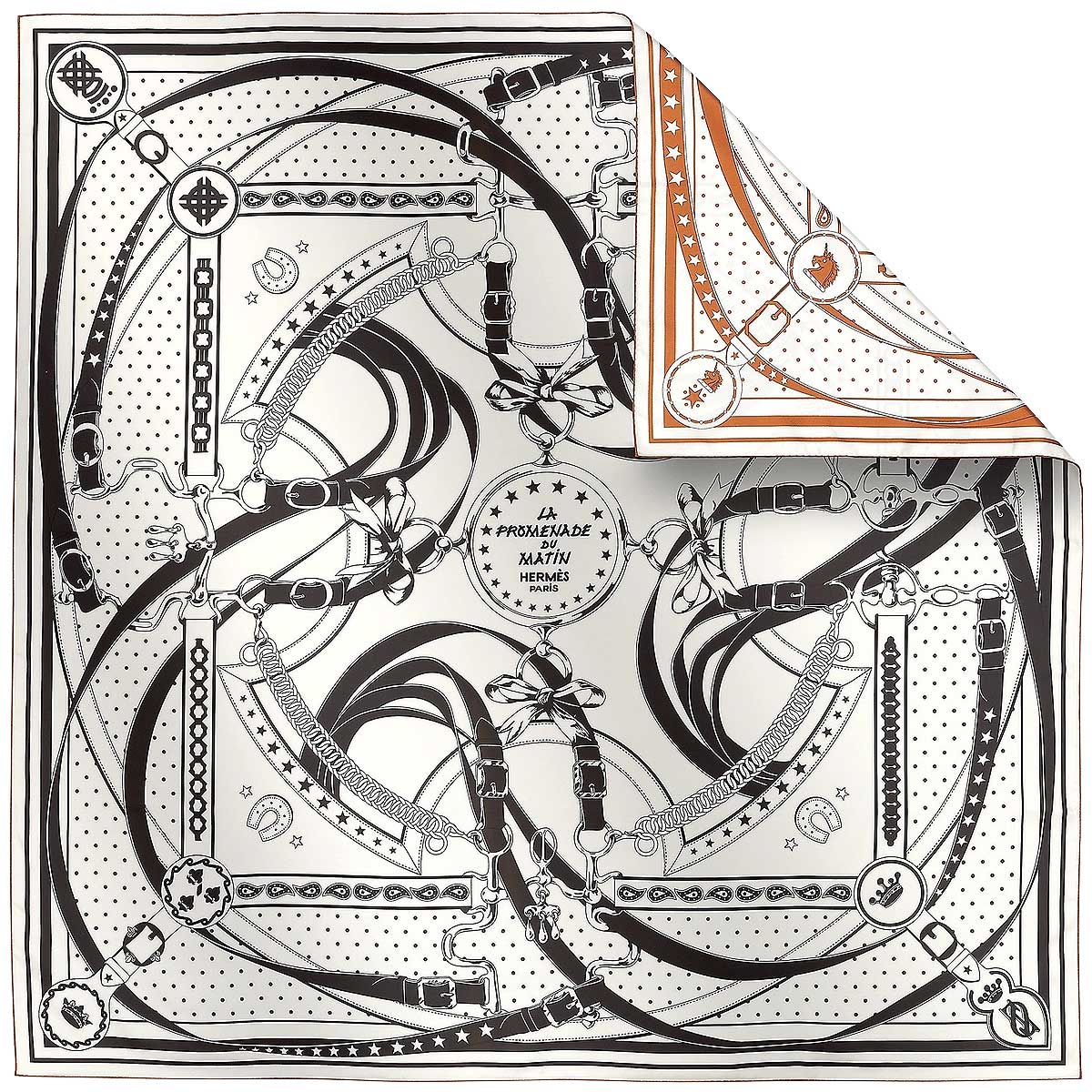 2025SS HERMES scarf Carre 140 Double Face Morning Walk Bandanna Blanc (White)/Noir (Black)/Cuir Silk100%[EXCELLENT][Authentic]
