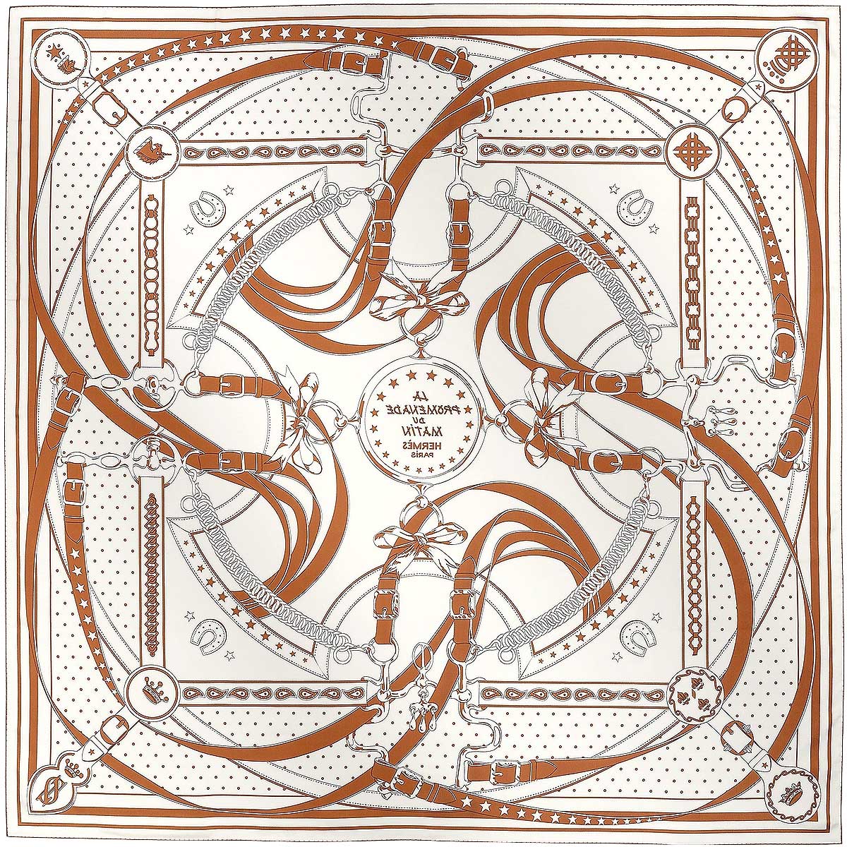 2025SS HERMES scarf Carre 140 Double Face Morning Walk Bandanna Blanc (White)/Noir (Black)/Cuir Silk100%[EXCELLENT][Authentic]