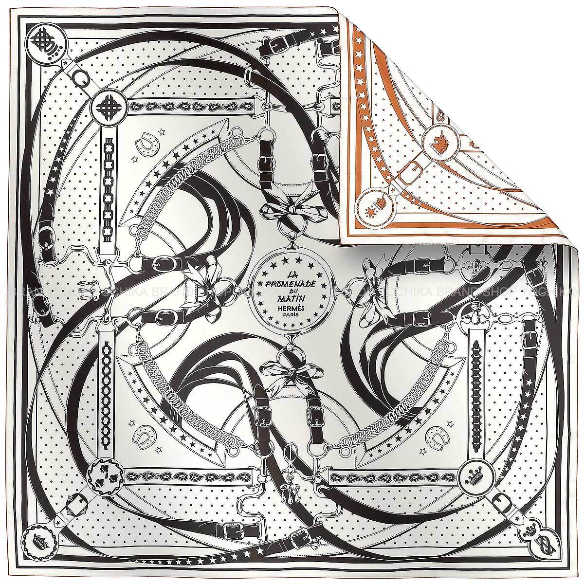 2025SS HERMES scarf Carre 140 Double Face Morning Walk Bandanna Blanc (White)/Noir (Black)/Cuir Silk100%[EXCELLENT][Authentic]