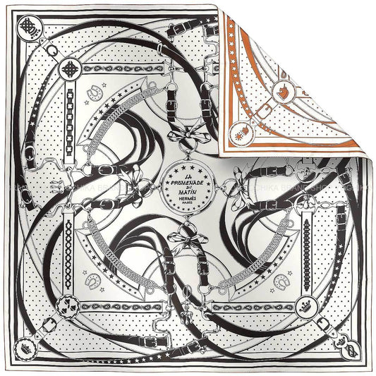2025SS HERMES scarf Carre 140 Double Face Morning Walk Bandanna Blanc (White)/Noir (Black)/Cuir Silk100%[EXCELLENT][Authentic]