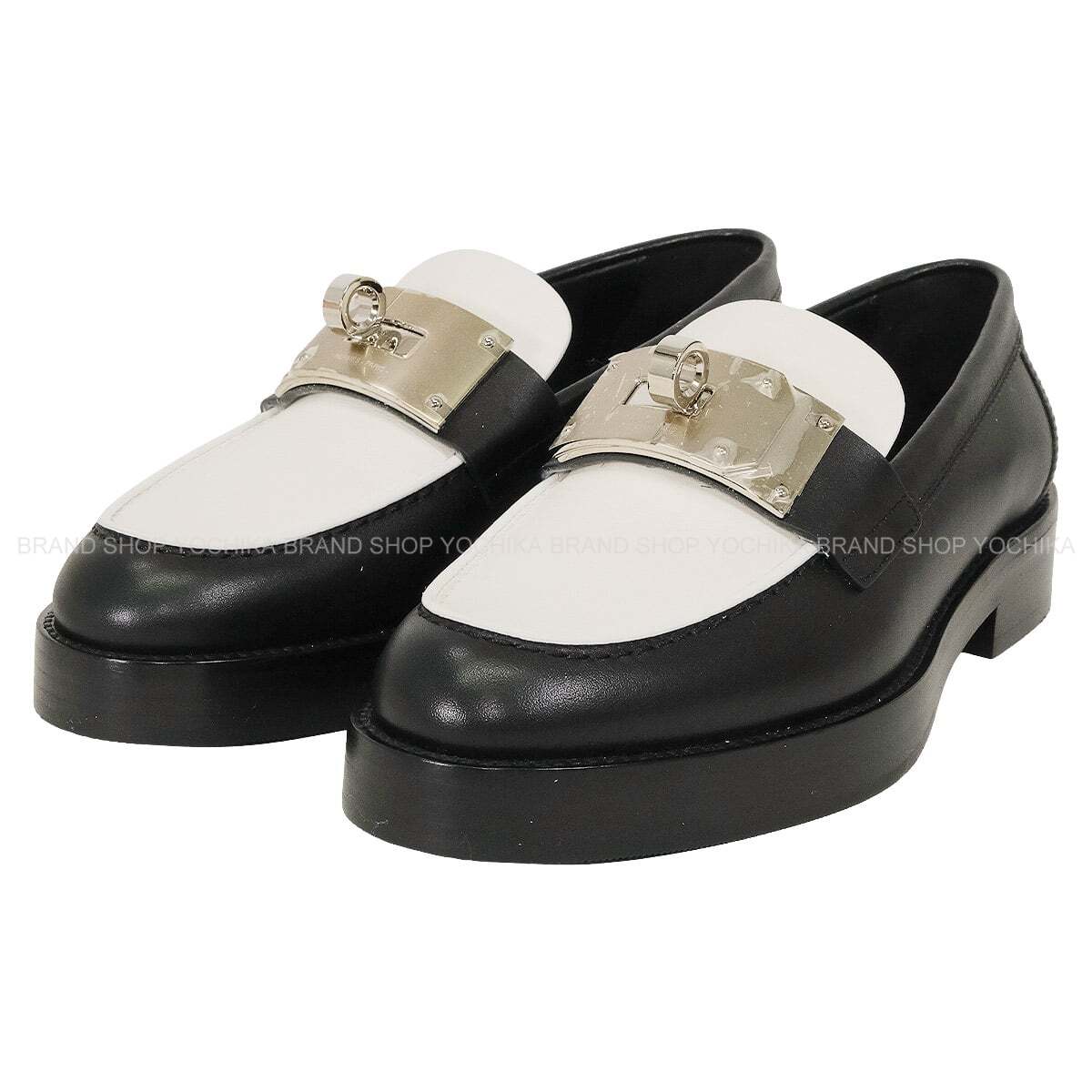 HERMES loafers Hot Kelly Bangle Noir (Black)/Blanc (White) Calf #35 Silver HW H2320752[ALMOST NEW][Authentic]