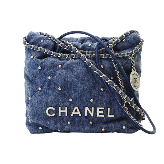 CHANEL Shoulder bag CHANEL 22 Mini Matelasse With Medal Charm Hobo Studs Blue Denim Mat Silver HW AS3980[EXCELLENT][Authentic]