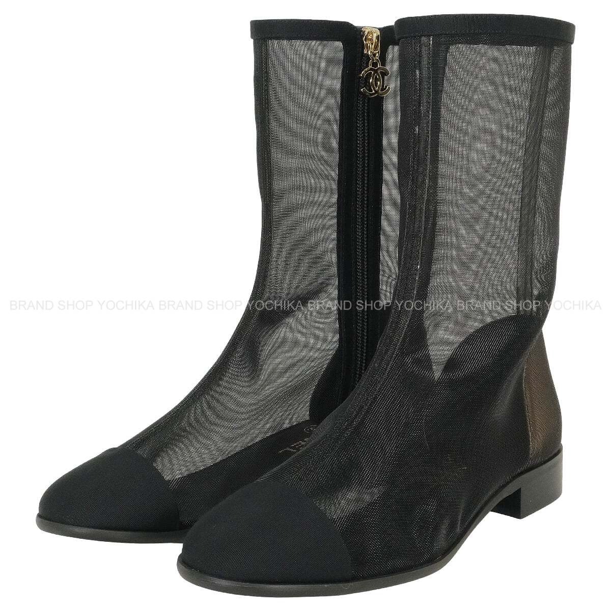 2024 Cruise CHANEL boots Short COCO mark Noir (Black) Mesh/Grosgrain #37.5 Champagne Gold HW G45519[ALMOST NEW][Authentic]