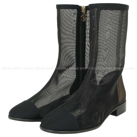 2024 Cruise CHANEL boots Short COCO mark Noir (Black) Mesh/Grosgrain #37.5 Champagne Gold HW G45519[ALMOST NEW][Authentic]