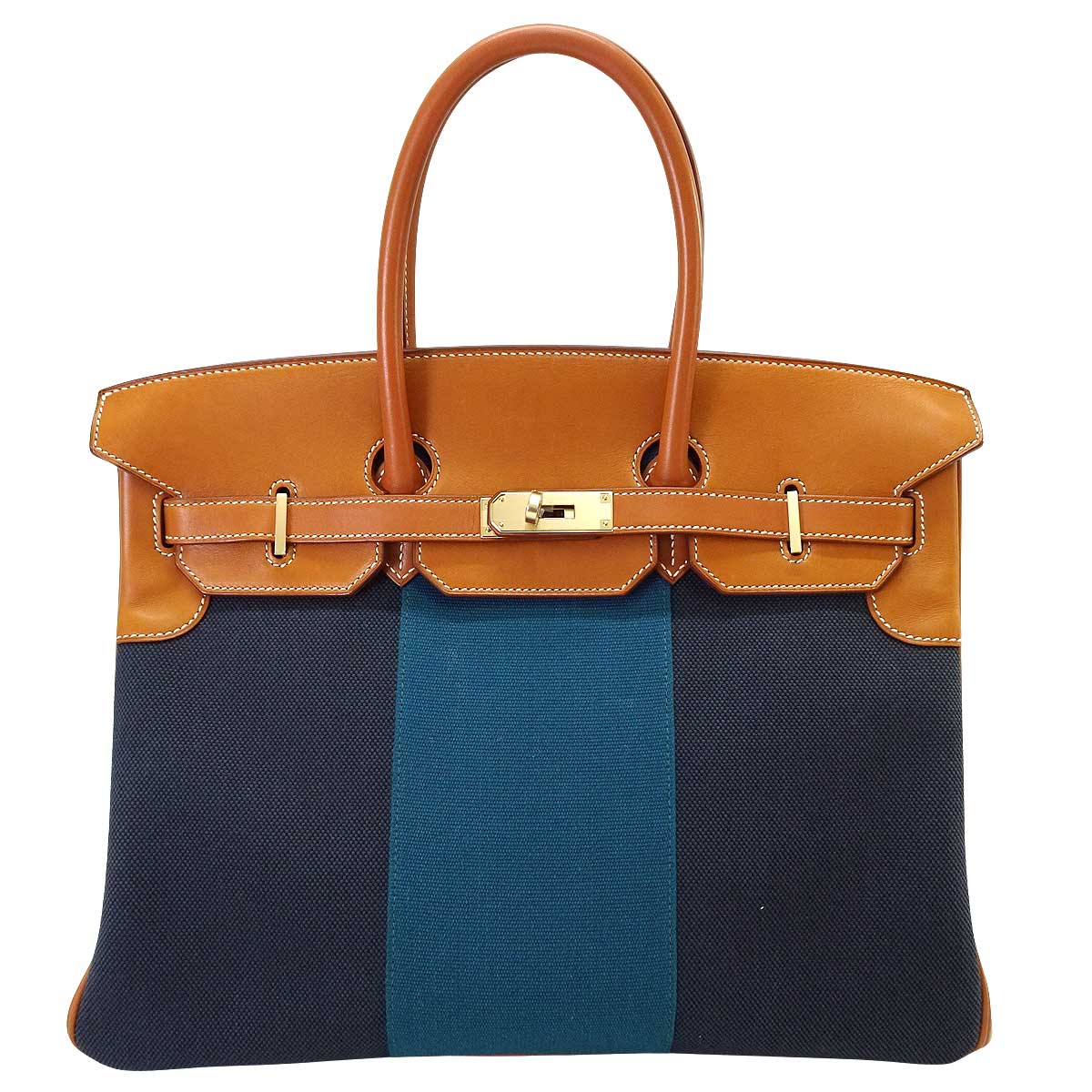 HERMES Handbag Birkin35 Flag Blue Indigo/Bleu Thalassa/Fauve Toile H/Veau Barenia Champagne Gold HW Stamp T[EXCELLENT][Authentic]