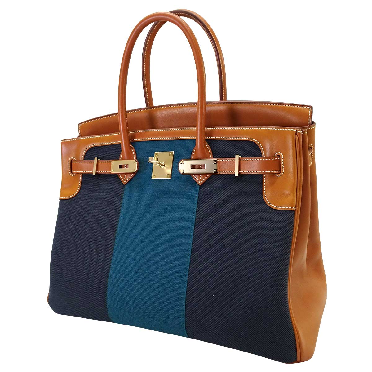 HERMES Handbag Birkin35 Flag Blue Indigo/Bleu Thalassa/Fauve Toile H/Veau Barenia Champagne Gold HW Stamp T[EXCELLENT][Authentic]