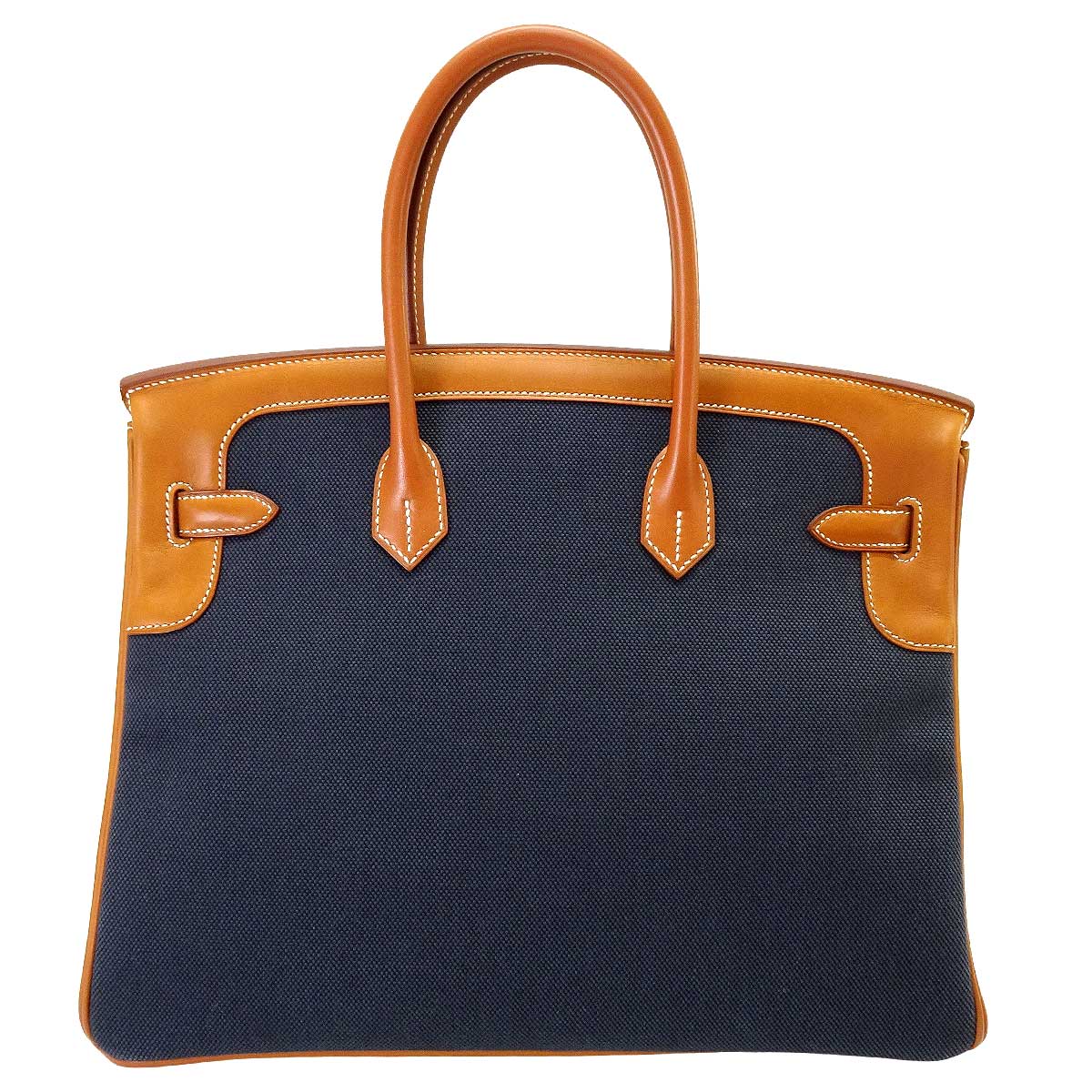 HERMES Handbag Birkin35 Flag Blue Indigo/Bleu Thalassa/Fauve Toile H/Veau Barenia Champagne Gold HW Stamp T[EXCELLENT][Authentic]