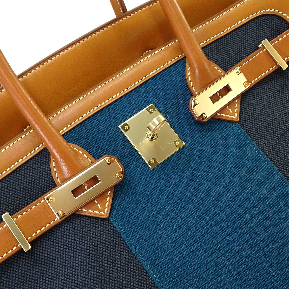 HERMES Handbag Birkin35 Flag Blue Indigo/Bleu Thalassa/Fauve Toile H/Veau Barenia Champagne Gold HW Stamp T[EXCELLENT][Authentic]