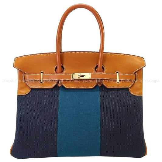 HERMES Handbag Birkin35 Flag Blue Indigo/Bleu Thalassa/Fauve Toile H/Veau Barenia Champagne Gold HW Stamp T[EXCELLENT][Authentic]