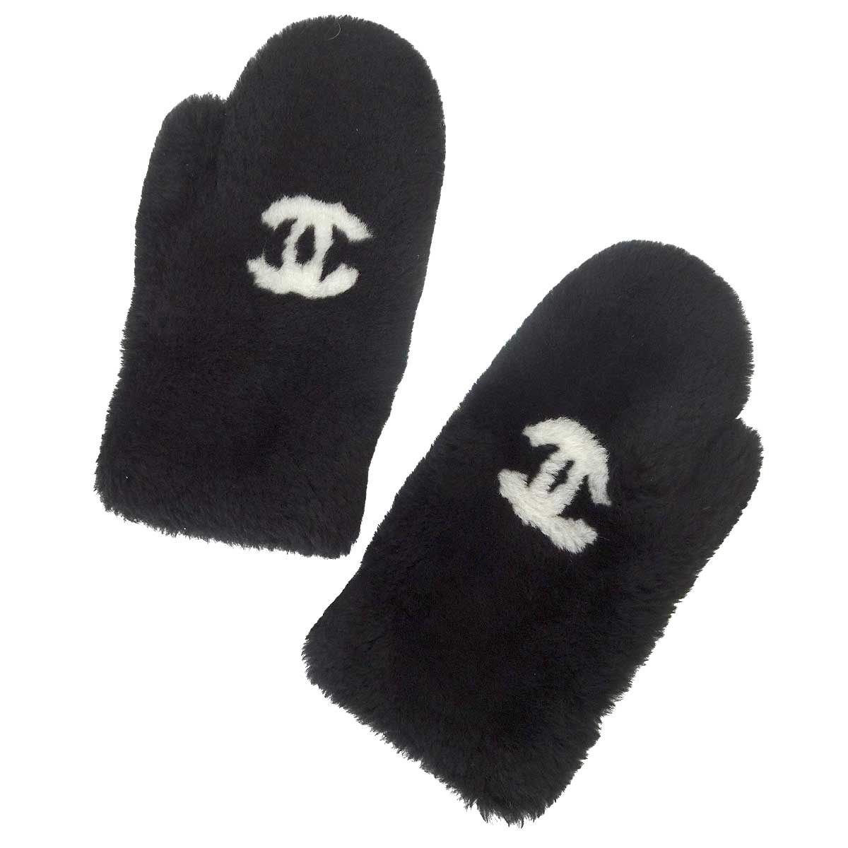 [Pre-loved] 2025AW CHANEL glove COCO Neige Mittens Noir (Black)/Blanc (White) Shearling Lambskin/Cashmere/Silk AAB289[LIKE NEW][Authentic]