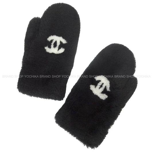 [Pre-loved] 2025AW CHANEL glove COCO Neige Mittens Noir (Black)/Blanc (White) Shearling Lambskin/Cashmere/Silk AAB289[LIKE NEW][Authentic]