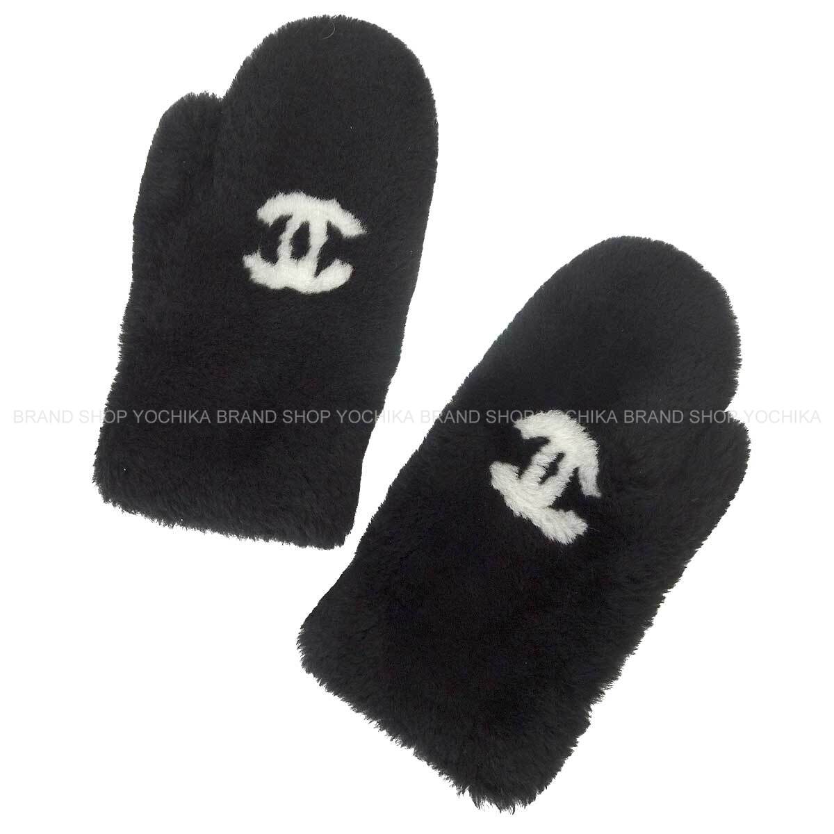 [Pre-loved] 2025AW CHANEL glove COCO Neige Mittens Noir (Black)/Blanc (White) Shearling Lambskin/Cashmere/Silk AAB289[LIKE NEW][Authentic]