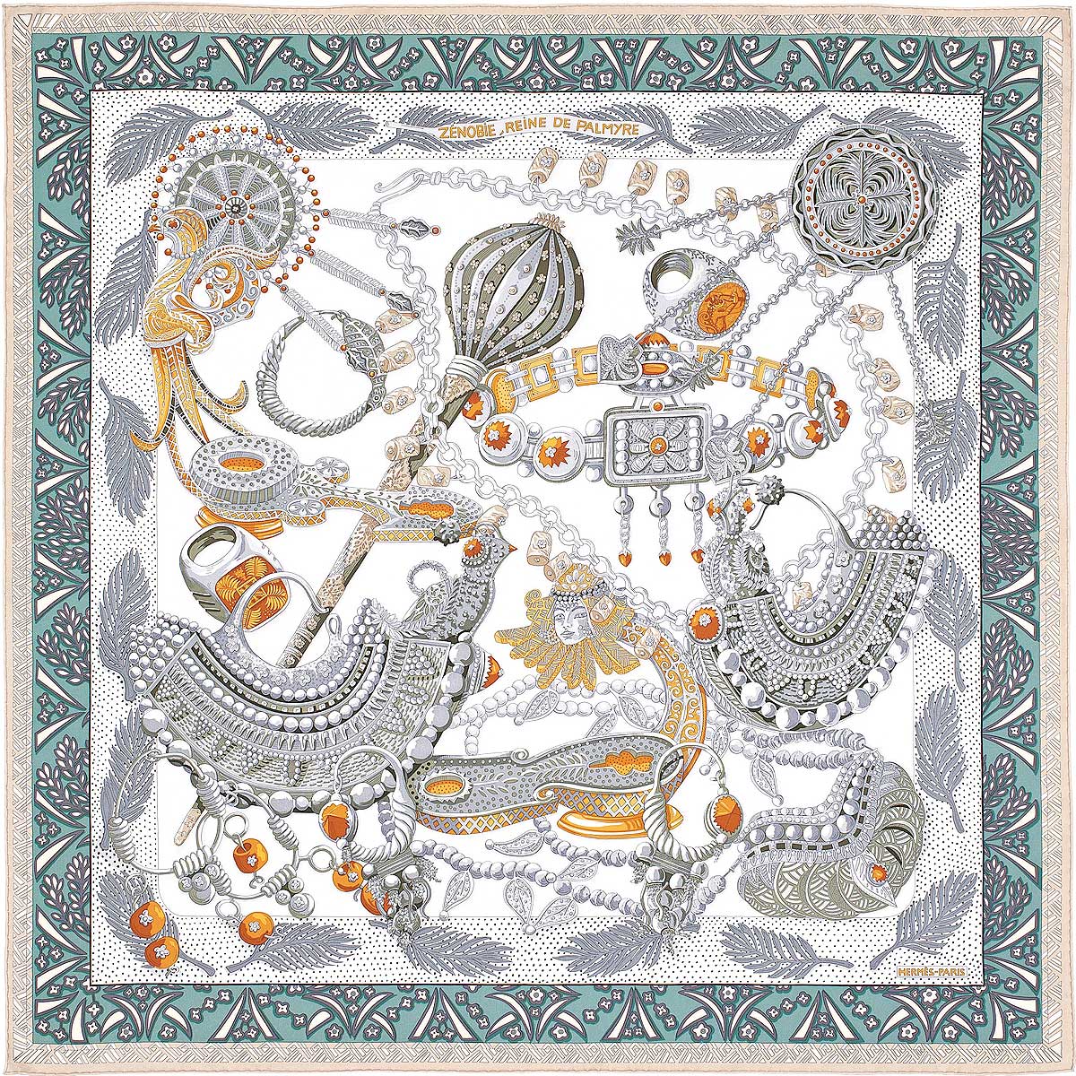 2015AW HERMES scarf Carre 90 Zenobie,Reine de PalmyreWhite(Blanc)/Gris/Vert Silk[EXCELLENT][Authentic]