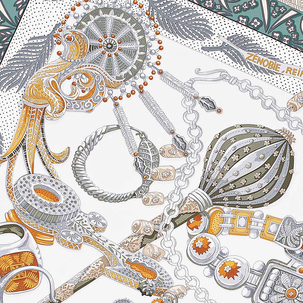 2015AW HERMES scarf Carre 90 Zenobie,Reine de PalmyreWhite(Blanc)/Gris/Vert Silk[EXCELLENT][Authentic]