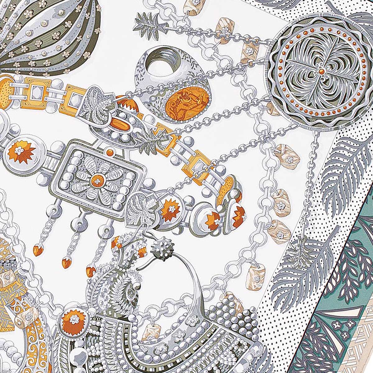 2015AW HERMES scarf Carre 90 Zenobie,Reine de PalmyreWhite(Blanc)/Gris/Vert Silk[EXCELLENT][Authentic]