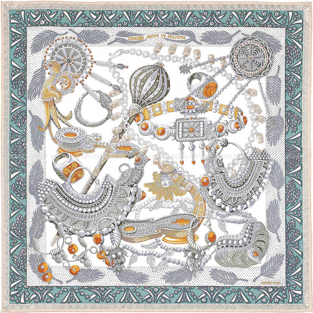 2015AW HERMES scarf Carre 90 Zenobie,Reine de PalmyreWhite(Blanc)/Gris/Vert Silk[EXCELLENT][Authentic]