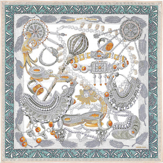2015AW HERMES scarf Carre 90 Zenobie,Reine de PalmyreWhite(Blanc)/Gris/Vert Silk[EXCELLENT][Authentic]