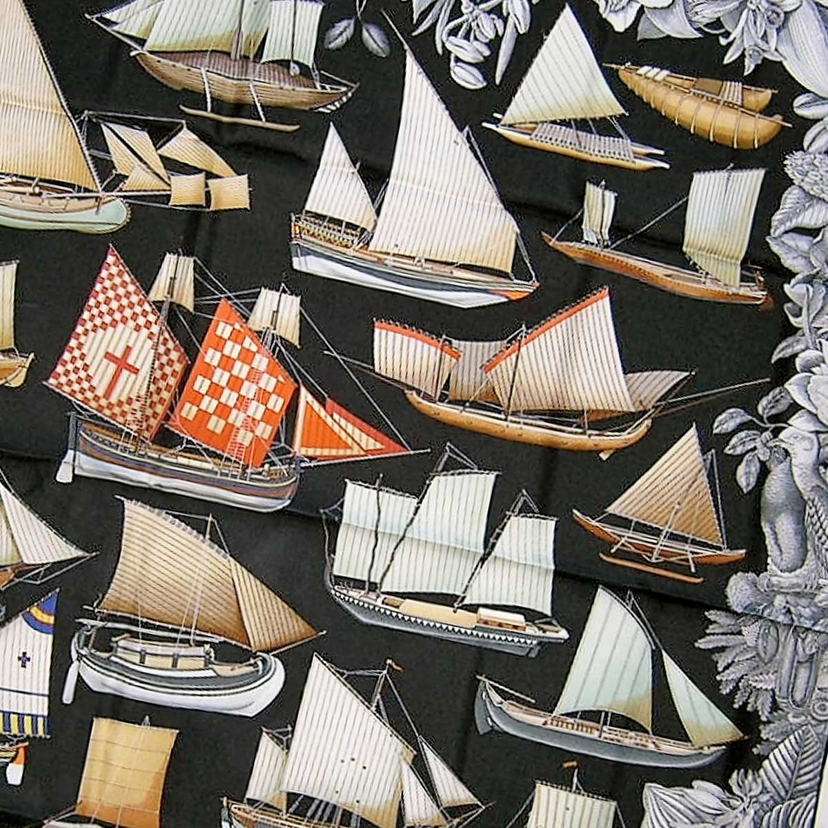 2023SS HERMES scarf Carre 90 Tous Les Bateaux du MondeBlack(Noir)/Gris/Marron Silk[EXCELLENT][Authentic]