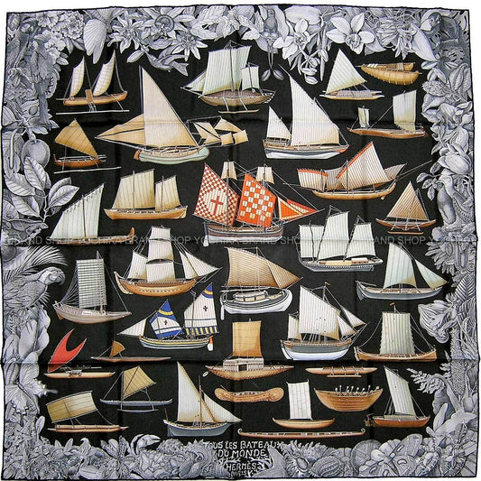2023SS HERMES scarf Carre 90 Tous Les Bateaux du MondeBlack(Noir)/Gris/Marron Silk[EXCELLENT][Authentic]